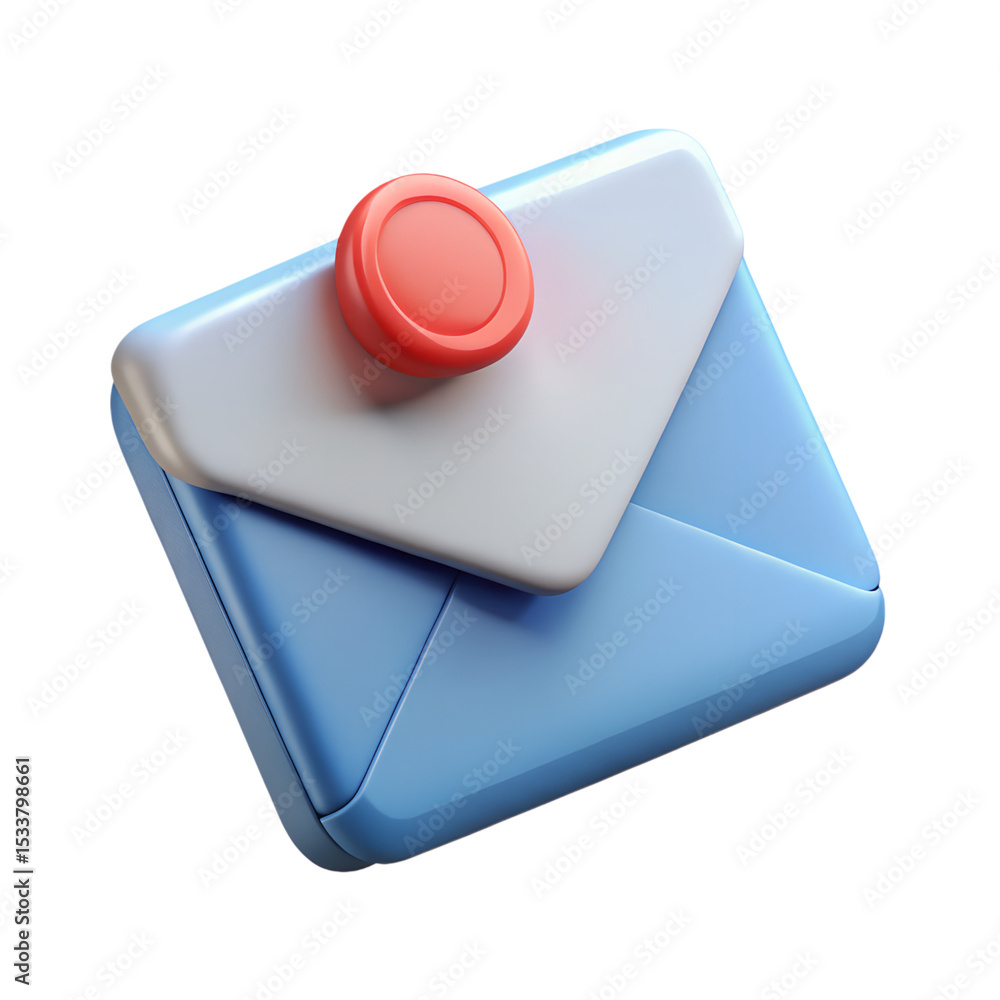 Poster a vibrant 3d rendering of a blue envelope with a notification button depicting new message icon.