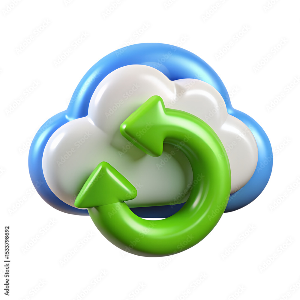 Poster a vibrant 3d rendering showcasing a cloud icon with a green circular arrow suggesting data upload an