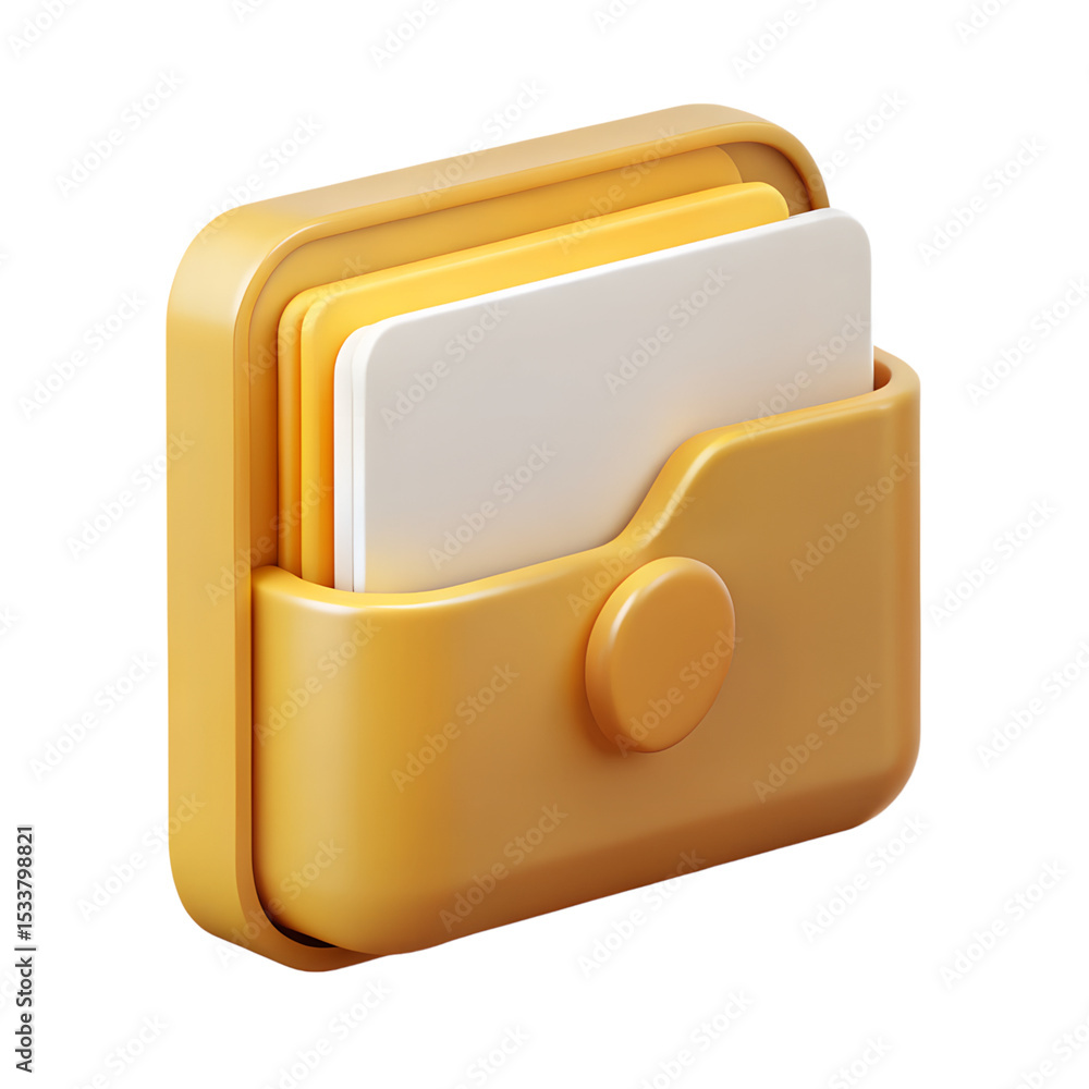 Poster 3d rendered yellow folder icon design with cards illustrating organization, documentation, and digit