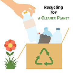 Recycling for a cleaner planet plastic pollution concept. Hand places plastic bottle into recycling cardboard box