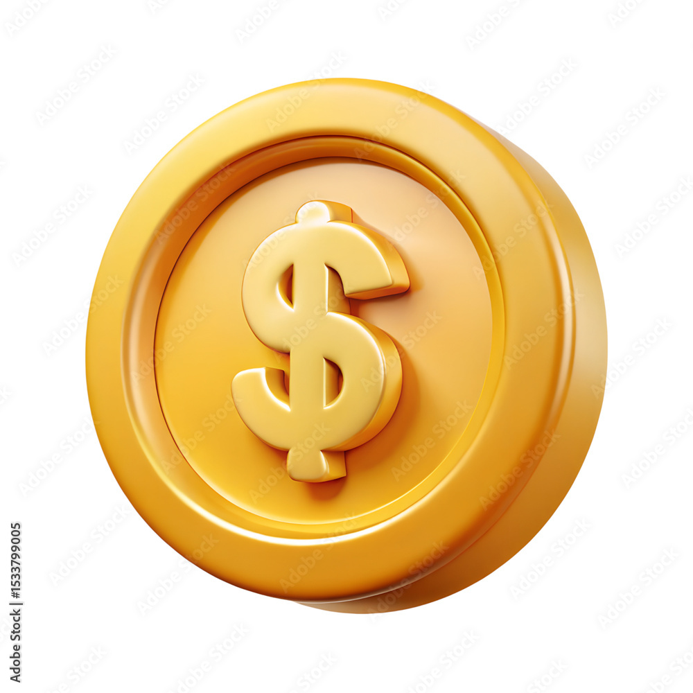 Poster a visually striking 3d rendering of a golden dollar coin with a raised symbol against a transparent 