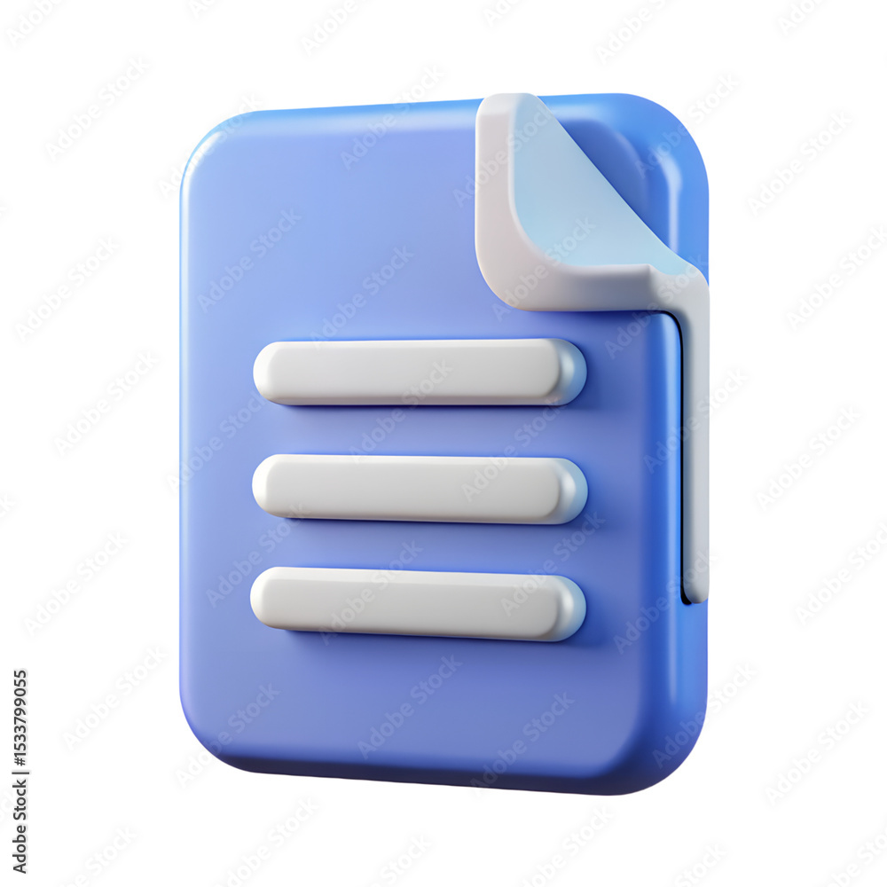 Poster modern 3d rendering of a blue document with white lines and a curled corner presented against a tran