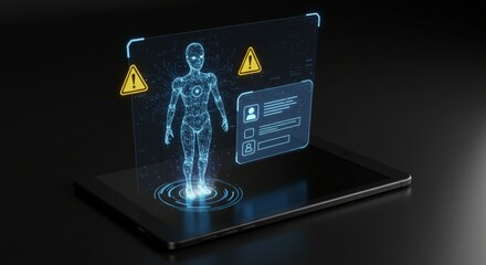 Holographic projection of artificial intelligence with warning symbols and chatbot interface emerging from a digital tablet.