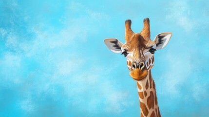 A majestic giraffe with a stunning blue background, showcasing its unique features.