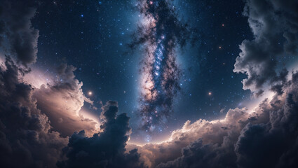 Stunning night sky with milky way galaxy above dramatic cumulus clouds at sunset