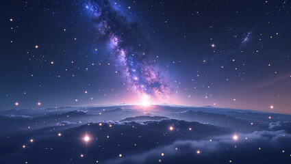 Stunning night sky with milky way galaxy above illuminated clouds at sunset or sunrise