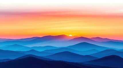 Obraz premium A vivid digital painting of layered blue mountains at sunrise, with a warm gradient sky transitioning from orange to pink.