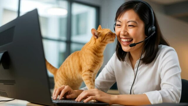 A woman in a headset smiles at a cat while working on a laptop. Eye-level angle captures a warm, candid moment, ideal for a video call scene.