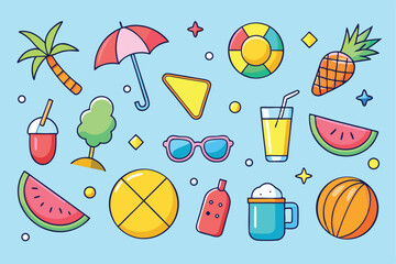 A collection of colorful summer icons on a light blue background representing vacation