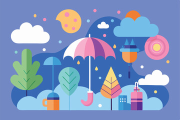 Abstract illustration of a rainy day landscape with colorful elements and umbrella imagery