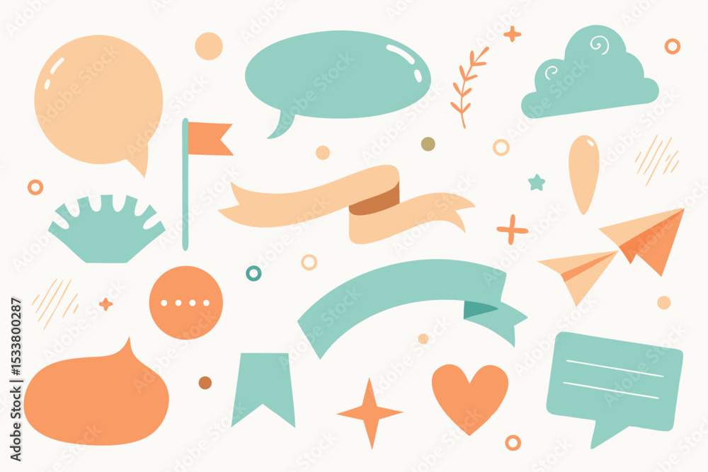 Poster collection of charming pastel colored vector elements including speech bubbles and ribbons.