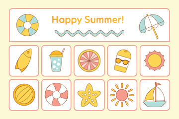 Cheerful happy summer season icon set with beach and vacation related elements