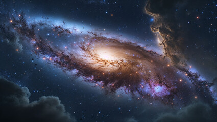 Stunning spiral galaxy in deep space with clouds and numerous stars sparkling in the dark