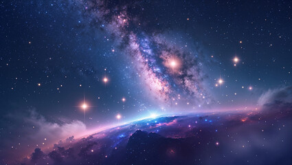Stunning view of a cosmic galaxy illuminated by stars and nebulas above a planet