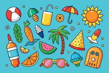 Colorful summer elements cartoon vector illustration featuring vacation and beach themed objects