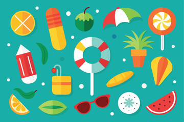 Colorful summer elements collection on turquoise background vector illustration for vacation design