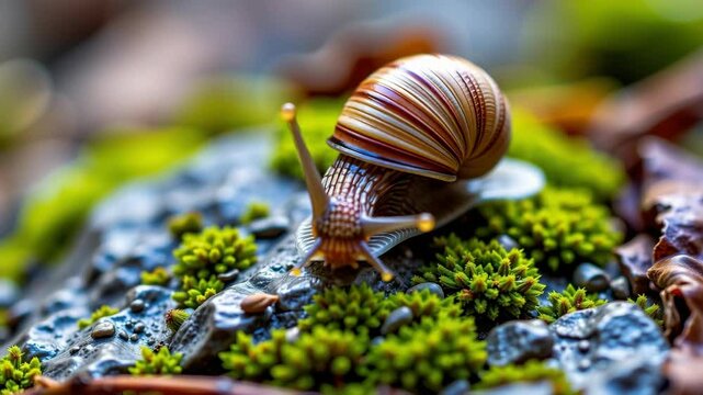 A close-up of a brown snail with a spiral shell moving across moss and wet stones in a natural outdoor setting.