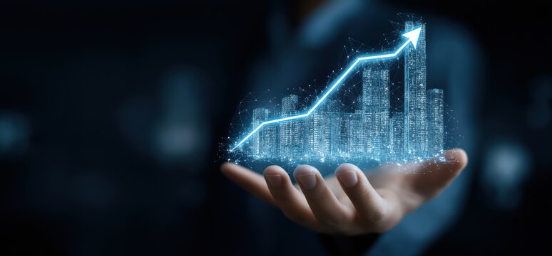 A hand holds a glowing cityscape with an upward-trending graph, symbolizing growth, success, and future potential.