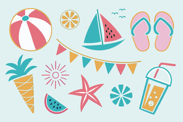 Colorful summer icons and elements featuring watermelon sailing flip-flops and beach ball