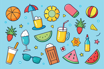 Colorful summer icons and symbols on a light blue background in a cartoonish style