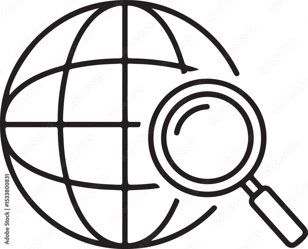 Poster magnifying glass over a globe icon representing global internet search and business network concepts