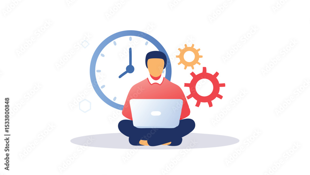 Poster person sitting with laptop in front of clock and gears symbolizing productivity and time management 