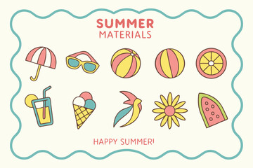 Cute hand-drawn summer icons collection featuring beach accessories and tropical food elements