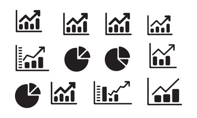 A set of various business graphs, including line graphs, bar graphs, and pie charts, all presented in a simple, clean black and white design Collection of Simple Black and White Business Graphs vector