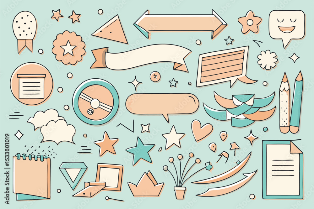 Poster decorative and colorful hand drawn elements on a soft green background with outlines