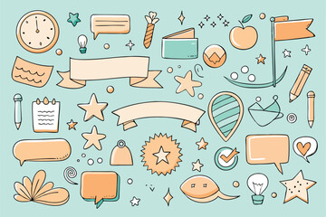 Decorative hand drawn elements collection with speech bubbles clock and other doodle illustrations