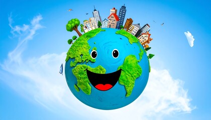 Cartoon of World Smiling, Healthy Cities, Preserved Nature Areas