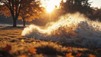 Sunlit autumnal landscape with bursting cloud of dust and falling leaves