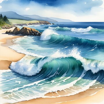 Ocean or sea wave and spindrift on the shore, watercolor hand drawn illustration. spindrift. illustration. Sundrift. Illustration