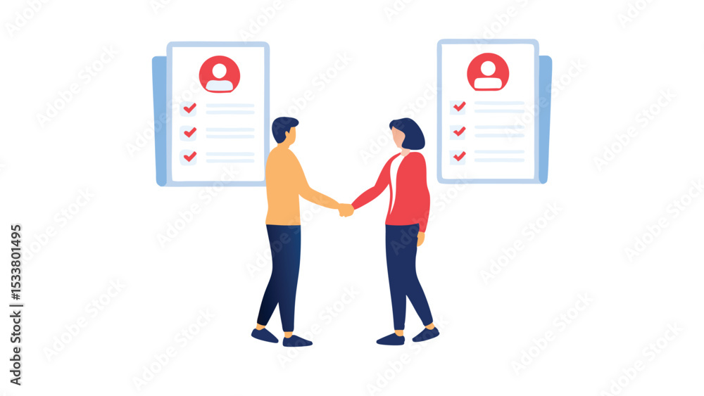Aufkleber two people shaking hands in front of profile documents with checkmarks in a flat design style