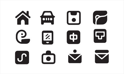 A collection of simple, black and white, flat design icons representing various applications, including a house, car, floppy disk, envelope, smartphone, camera, Chinese Yuan symbol, and more vector 