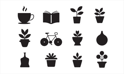 A set of black silhouette icons representing various everyday activities and hobbies, including coffee, reading, gardening, cycling, and home decor vector art