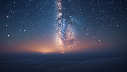 The milky way galaxy shining above a sea of clouds under a starry night