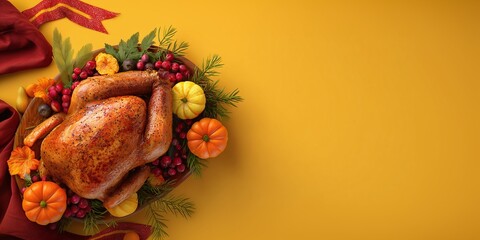 Festive Thanksgiving turkey centerpiece with autumn gourds and berries on a wooden platter, set against a vibrant yellow background, holiday dinner.