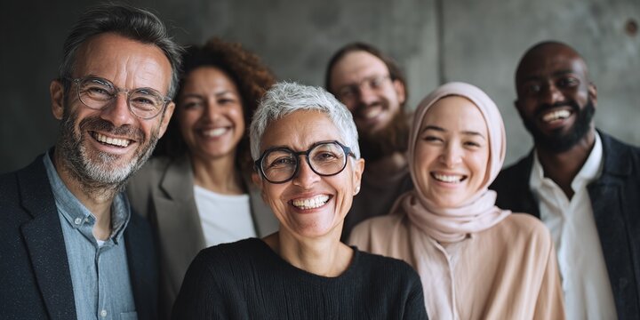 Diverse team smiling confidently. Inclusion and success in the workplace with a supportive, multicultural group. Diverse representation and positivity.