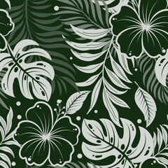 Hibiscus seamless pattern Tropical Monstera Leaves Seamless Background botany modern print