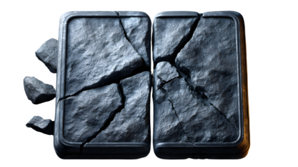 Cracked open ancient stone tablet, isolated on transparent background