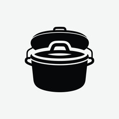 Download a clean black vector silhouette of a Dutch oven with lid and side handles. Perfect for kitchen, cooking, and culinary design on a white background.