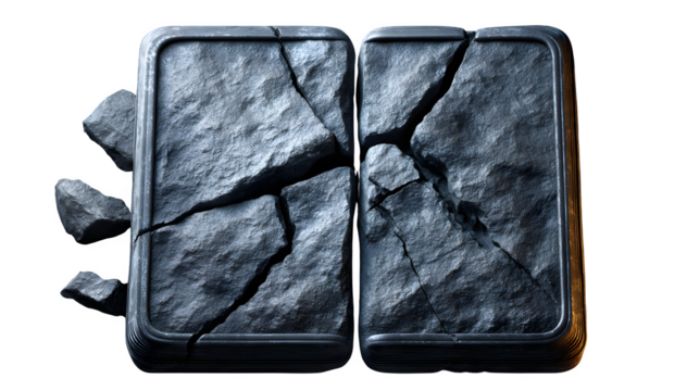 Cracked open ancient stone tablet, isolated on transparent background