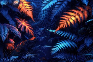 Vibrant neon jungle with lush foliage and dynamic contrast in blue and orange
