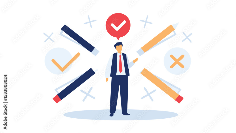 Poster illustration of a man surrounded by check marks and crosses representing decision making process