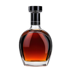 Elegant glass bottle with dark amber liquid. transparent background