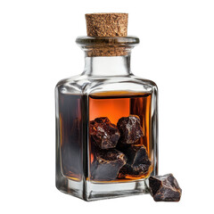 Elegant glass bottle with amber liquid and stones. transparent background