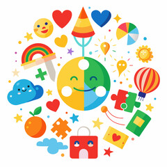 Colorful Universal Children’s Day Vector with Toys and Symbols on White Background