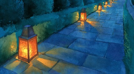 Charming cobblestone street, vintage streetlights illuminate classic clock at night