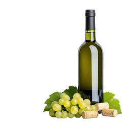 Elegant white wine bottle with grapes and corks. transparent background